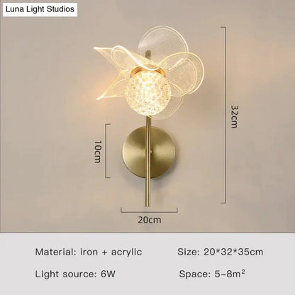 Creative floral decorative gold led wall lamp for bedroom crystal sconce
