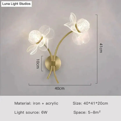 Creative floral decorative gold led wall lamp for bedroom crystal sconce