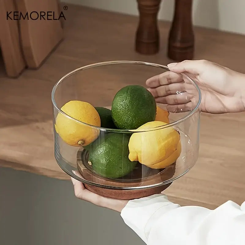 Creative glass fruit bowl with wood base – dining room salad bowl