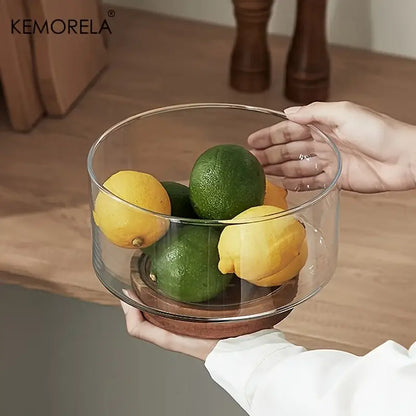 Creative glass fruit bowl with wood base – dining room salad bowl