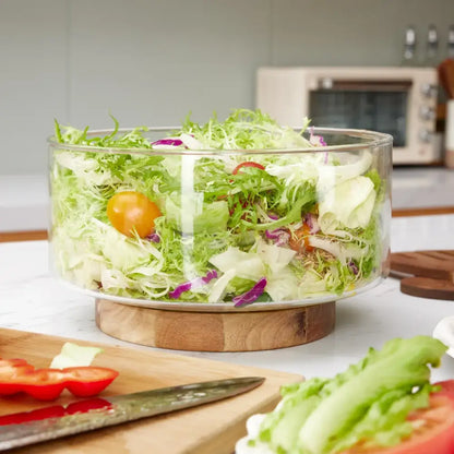 Creative glass fruit bowl with wood base – dining room salad bowl