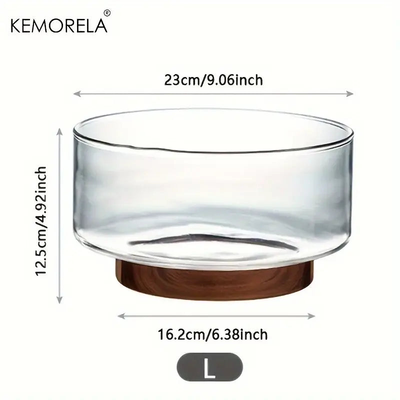 Creative glass fruit bowl with wood base – dining room salad bowl