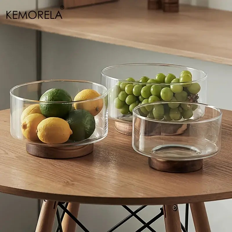 Creative glass fruit bowl with wood base – dining room salad bowl