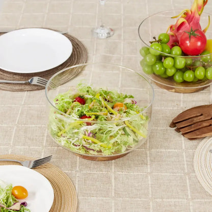 Creative glass fruit bowl with wood base – dining room salad bowl