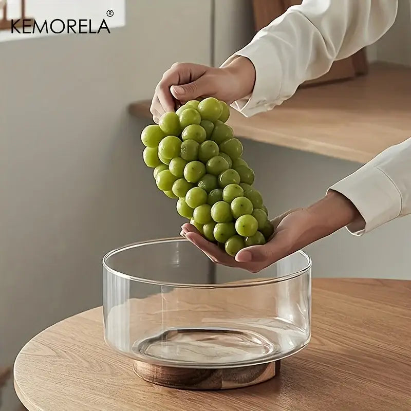 Creative glass fruit bowl with wood base – dining room salad bowl