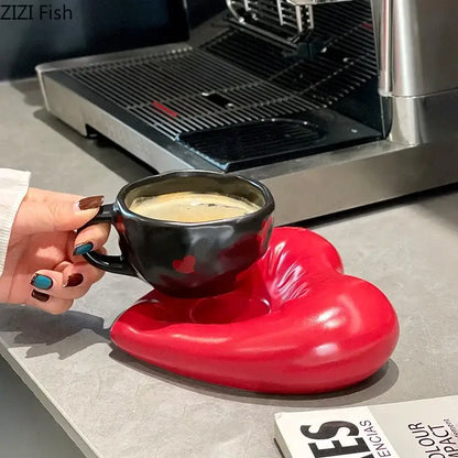 Creative heart porcelain coffee mug set black & red kitchen decor