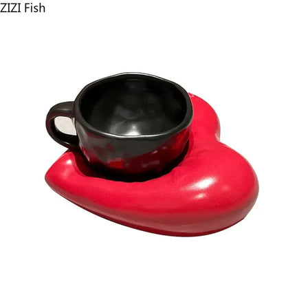 Creative heart porcelain coffee mug set black & red kitchen decor