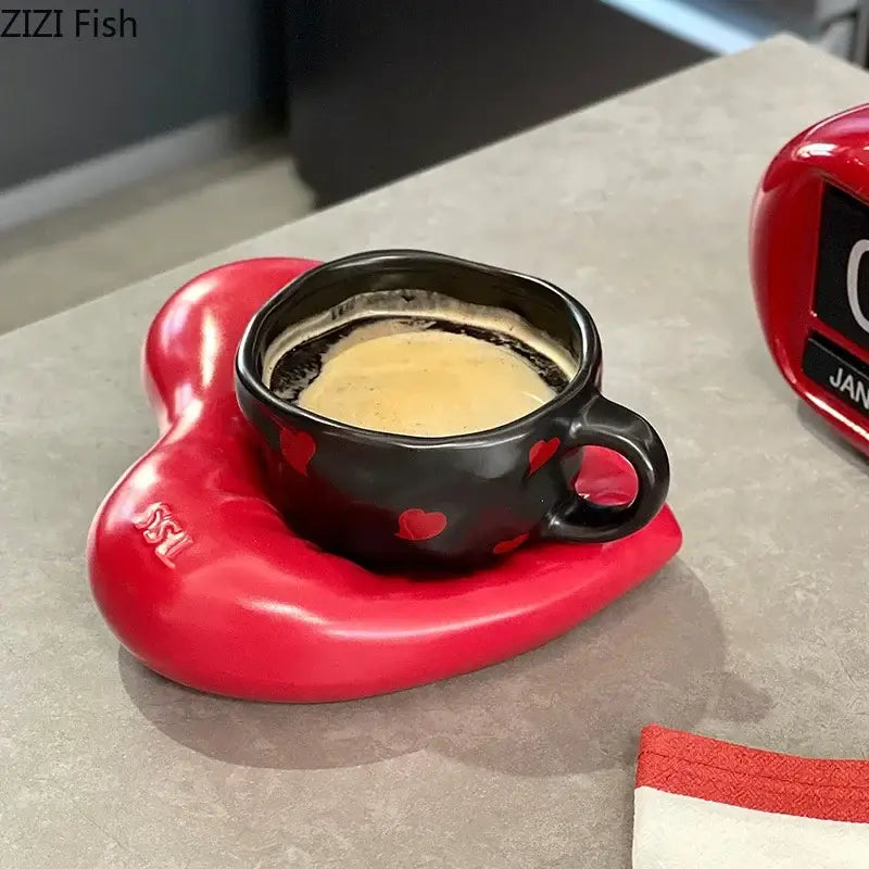 Creative heart porcelain coffee mug set black & red kitchen decor