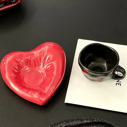Creative heart porcelain coffee mug set black & red kitchen decor