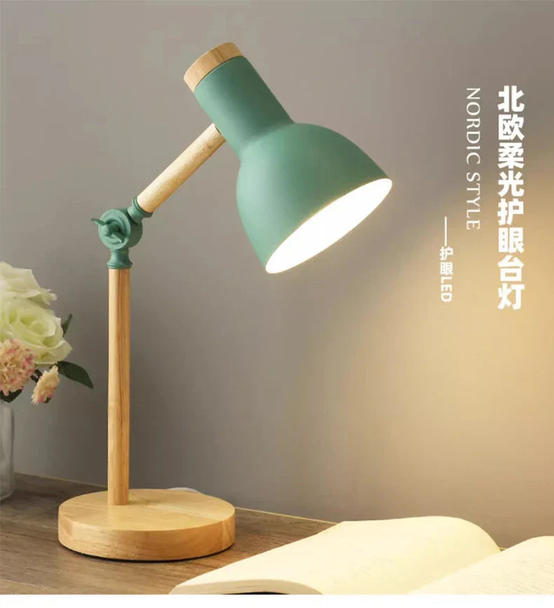 DecorBites™ Creative Nordic Table Lamp Wooden Art LED Turn Head Simple Bedside Desk Light/Eye Protection Reading&Bedroom Study Lamp