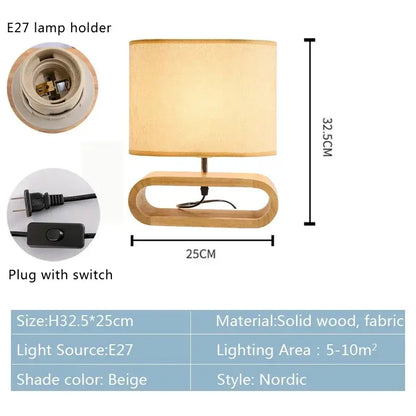 Creative nordic wooden table lamp bedroom beige linen light