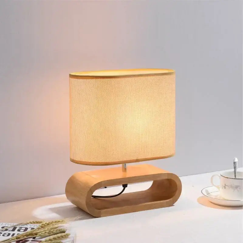Creative nordic wooden table lamp bedroom beige linen light