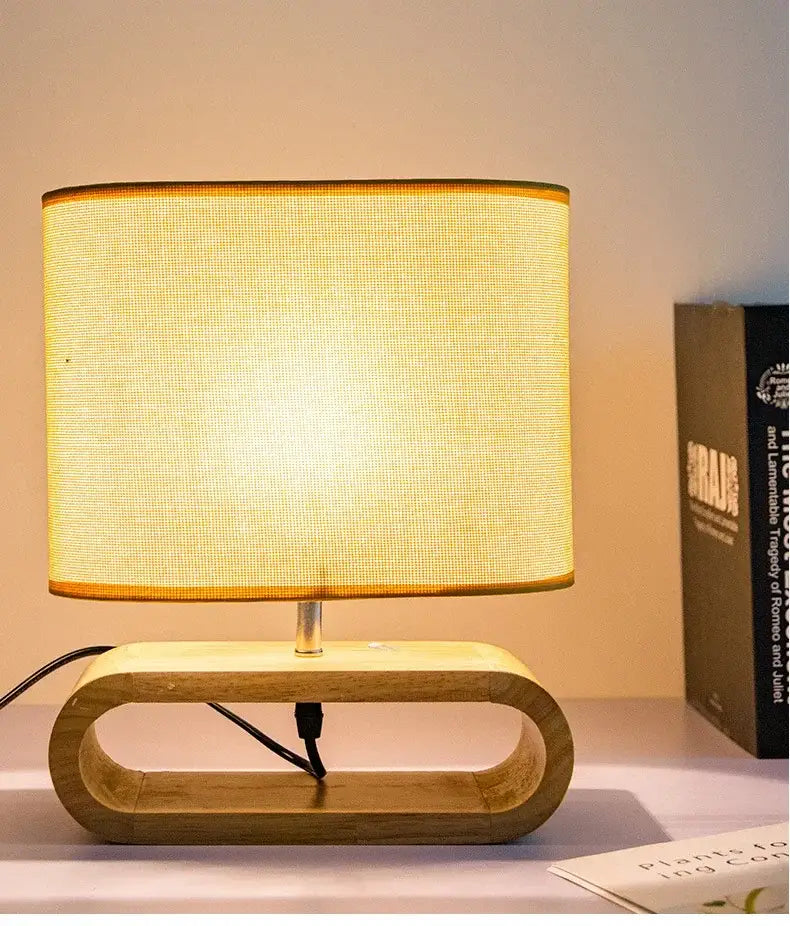 Creative nordic wooden table lamp bedroom beige linen light