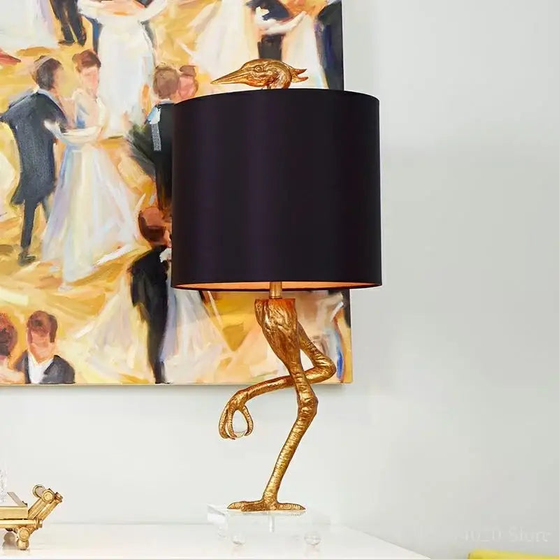 Creative ostrich gold table lamp for bedroom with black shade