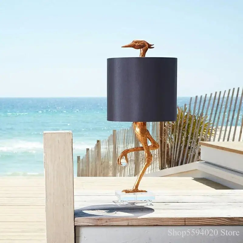 Creative ostrich gold table lamp for bedroom with black shade