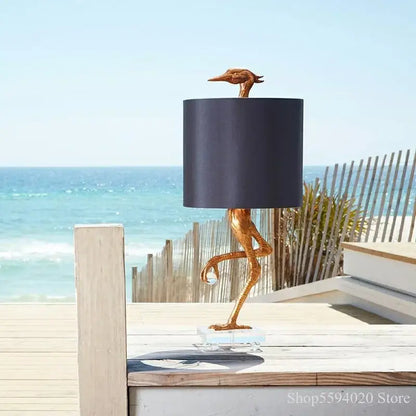 Creative ostrich gold table lamp for bedroom with black shade