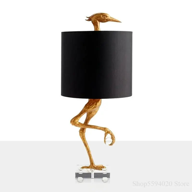 Creative ostrich gold table lamp for bedroom with black shade
