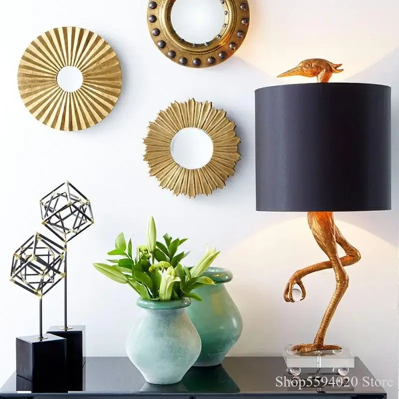 Creative ostrich gold table lamp for bedroom with black shade