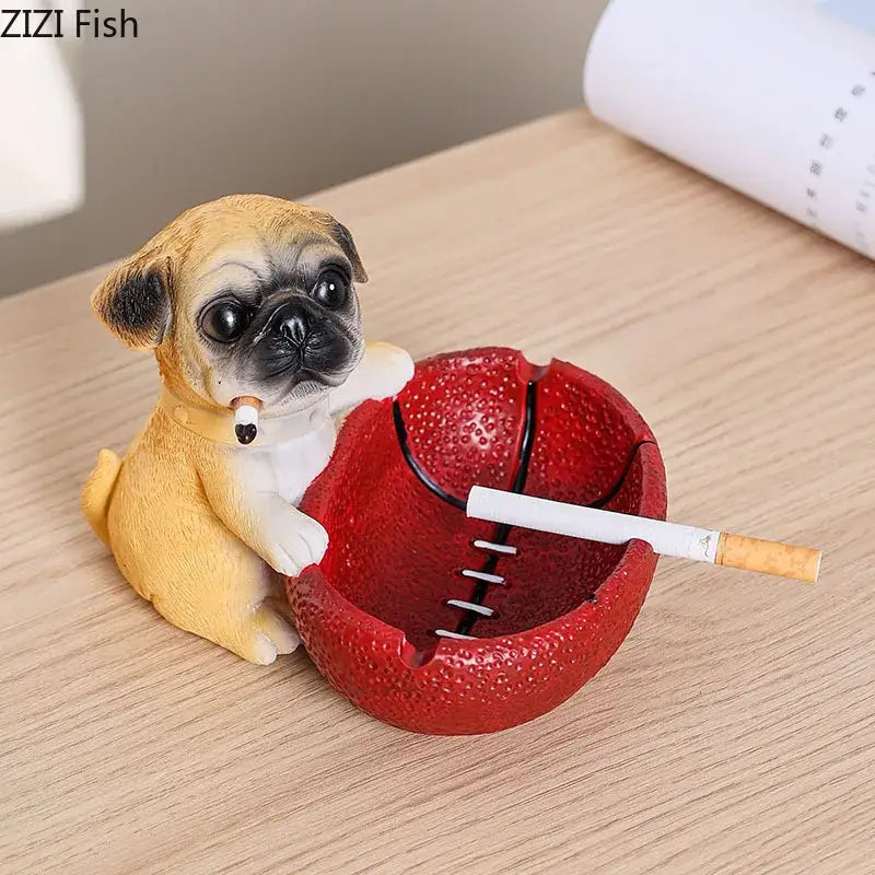 Creative pug basketball puppy ashtray tan & black living room decor