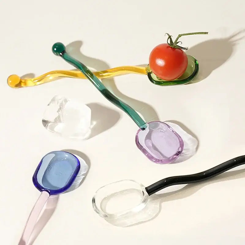 Creative purple & green glass spoon dessert set for kitchen dining