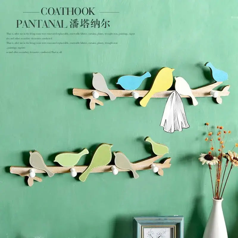 Creative wooden birds coat rack green & beige entryway wall hook