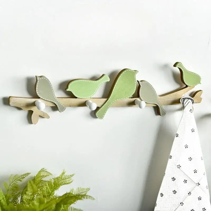 Creative wooden birds coat rack green & beige entryway wall hook