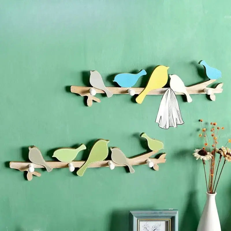 Creative wooden birds coat rack green & beige entryway wall hook