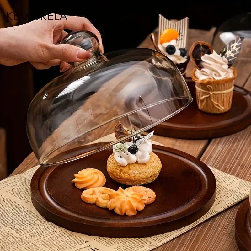 Creative wooden cake storage box with glass lid kitchen server