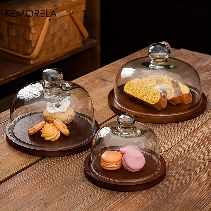 Creative wooden cake storage box with glass lid kitchen server