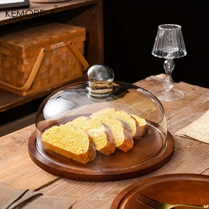 Creative wooden cake storage box with glass lid kitchen server