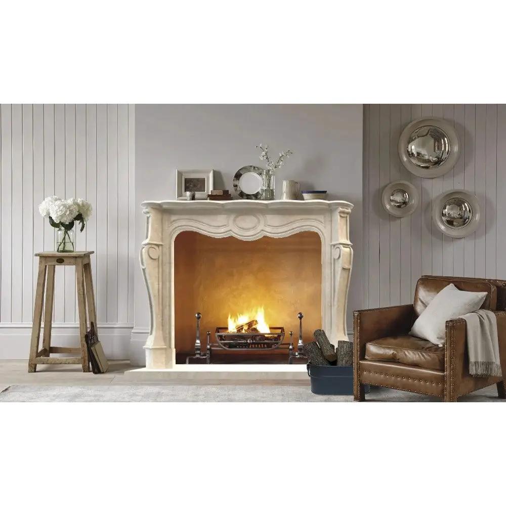Crema Marfil Marble French Villa Hand Carved Fireplace Surround with Sculptured Motifs