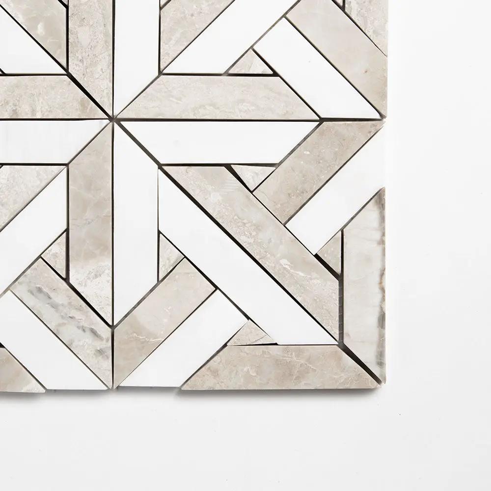 Crossed Pickets Alpina White, Royal Beige Honed Marble Waterjet Decos 9 11/16x9 11/16