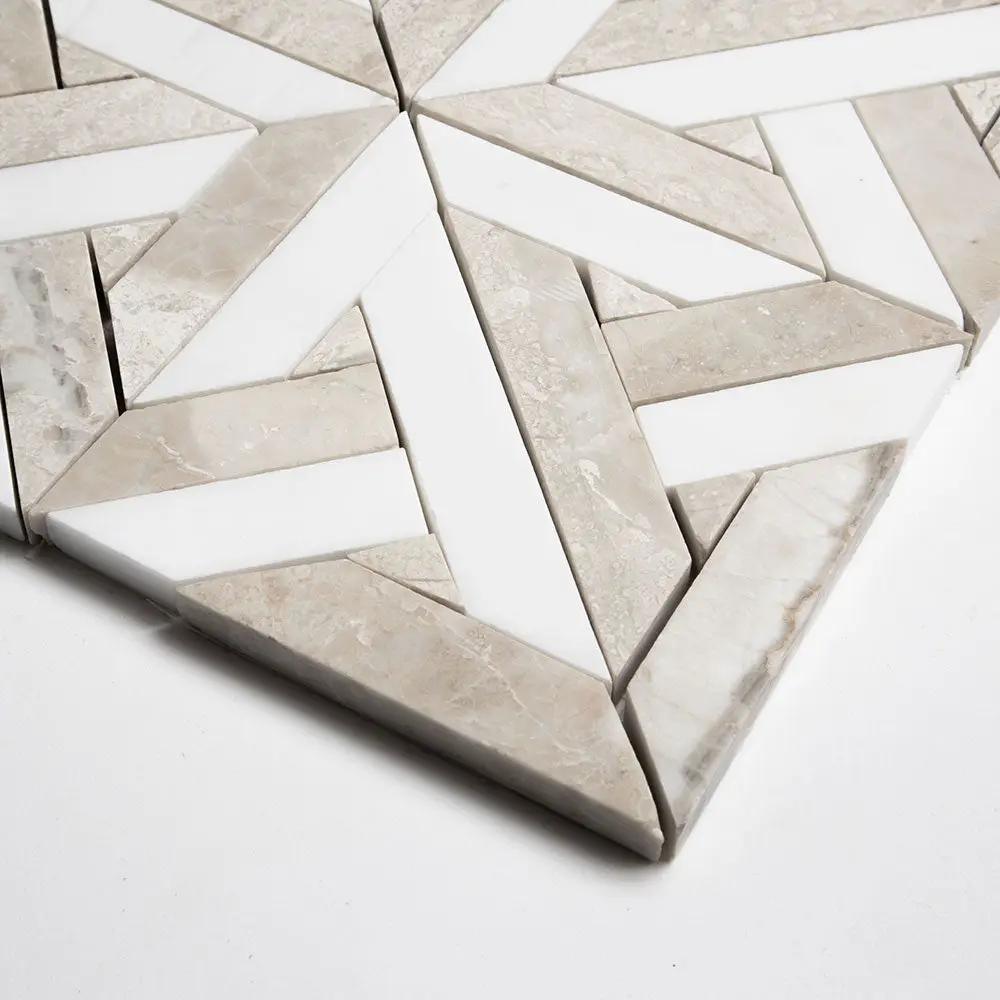 Crossed Pickets Alpina White, Royal Beige Honed Marble Waterjet Decos 9 11/16x9 11/16