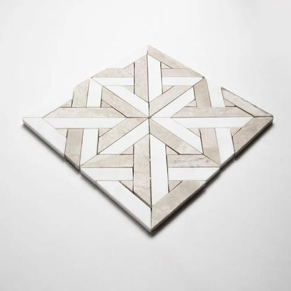 Crossed Pickets Alpina White, Royal Beige Honed Marble Waterjet Decos 9 11/16x9 11/16