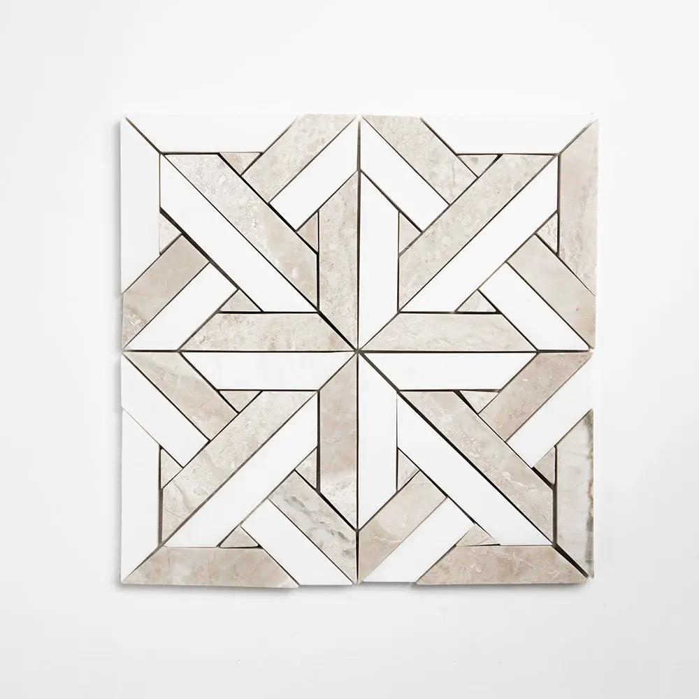 Crossed Pickets Alpina White, Royal Beige Honed Marble Waterjet Decos 9 11/16x9 11/16