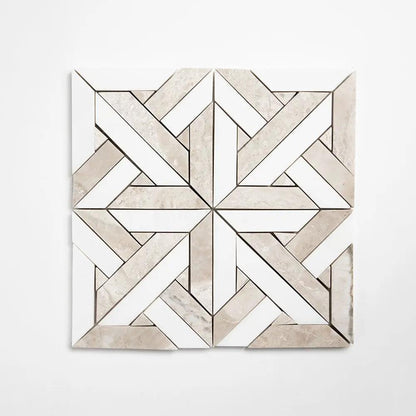 Crossed Pickets Alpina White, Royal Beige Honed Marble Waterjet Decos 9 11/16x9 11/16