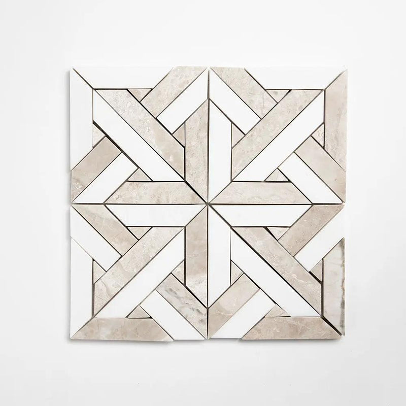 Crossed Pickets Alpina White, Royal Beige Honed Marble Waterjet Decos 9 11/16x9 11/16
