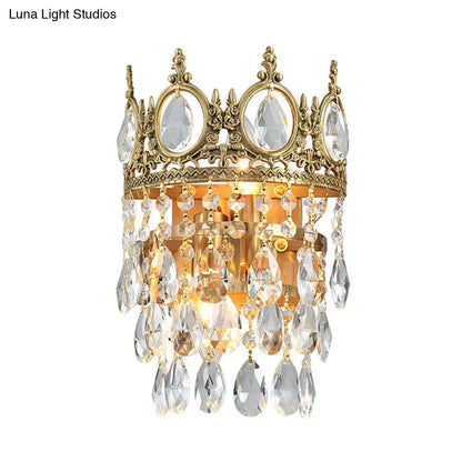 Crown aged brass clear crystal prisms wall mounted lighting bedroom