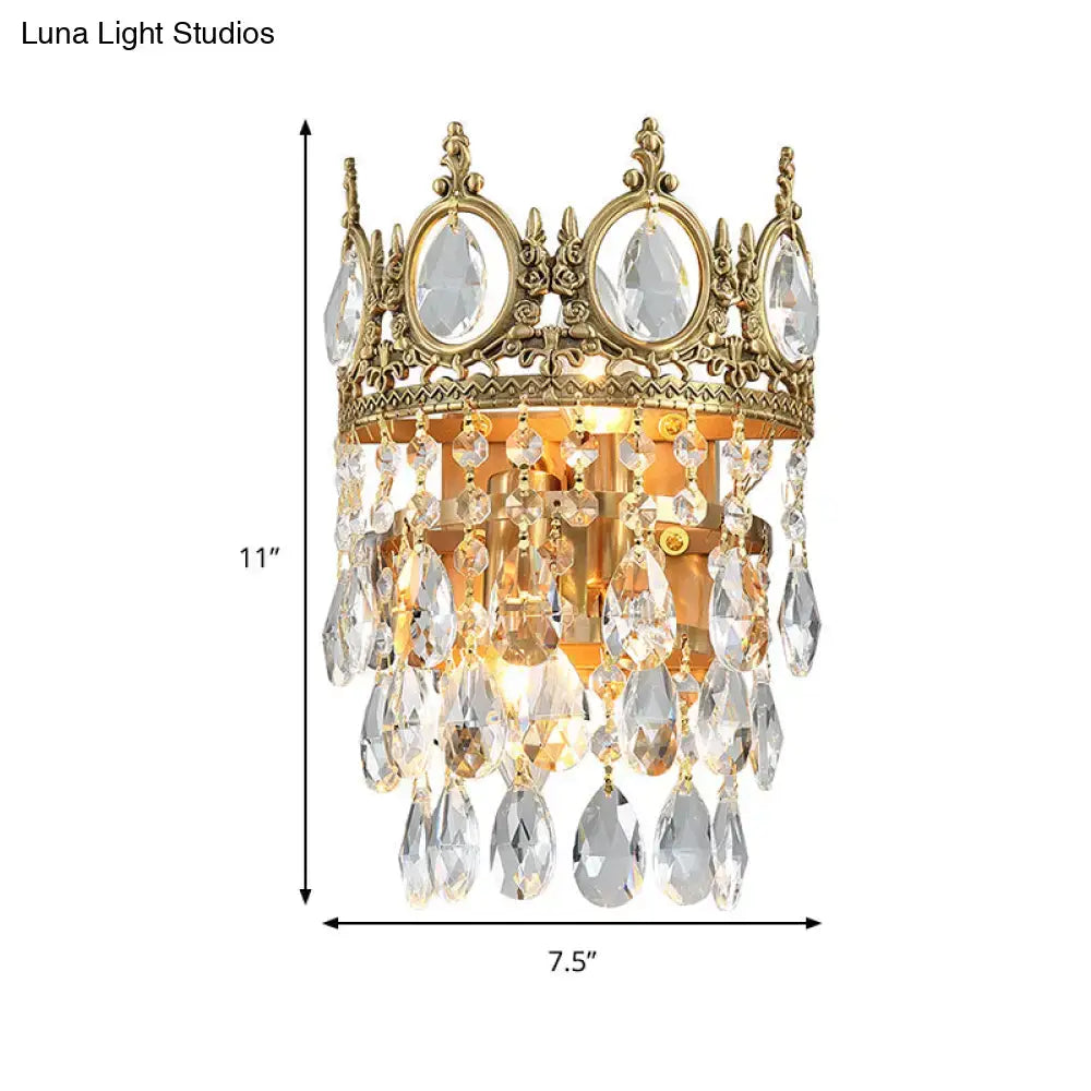 Crown aged brass clear crystal prisms wall mounted lighting bedroom