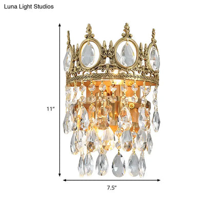 Crown aged brass clear crystal prisms wall mounted lighting bedroom