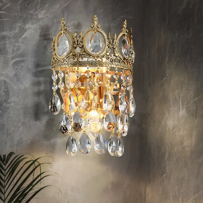 Crown aged brass clear crystal prisms wall mounted lighting bedroom