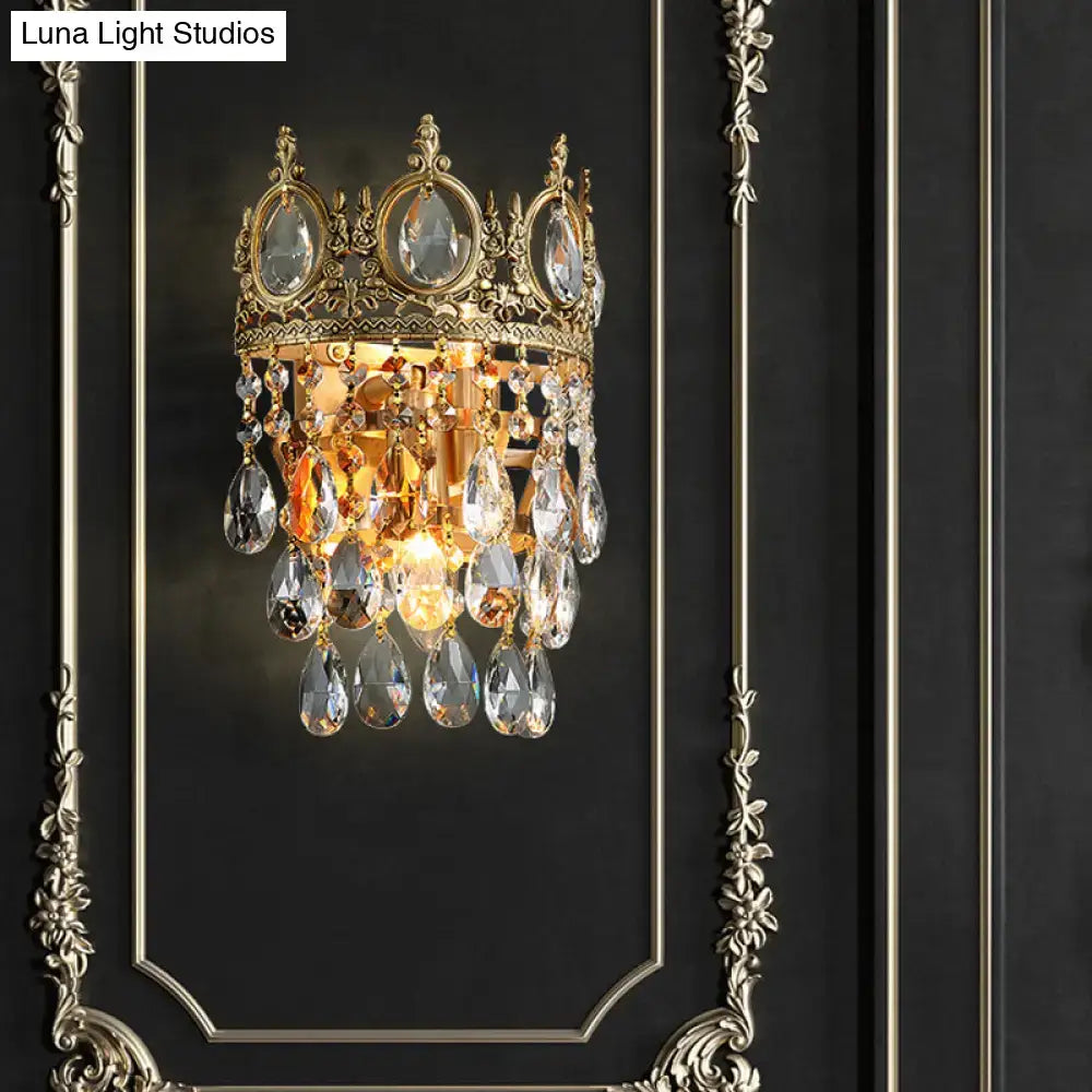Crown aged brass clear crystal prisms wall mounted lighting bedroom