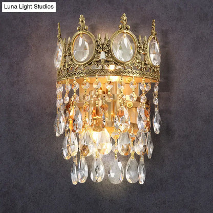 Crown aged brass clear crystal prisms wall mounted lighting bedroom