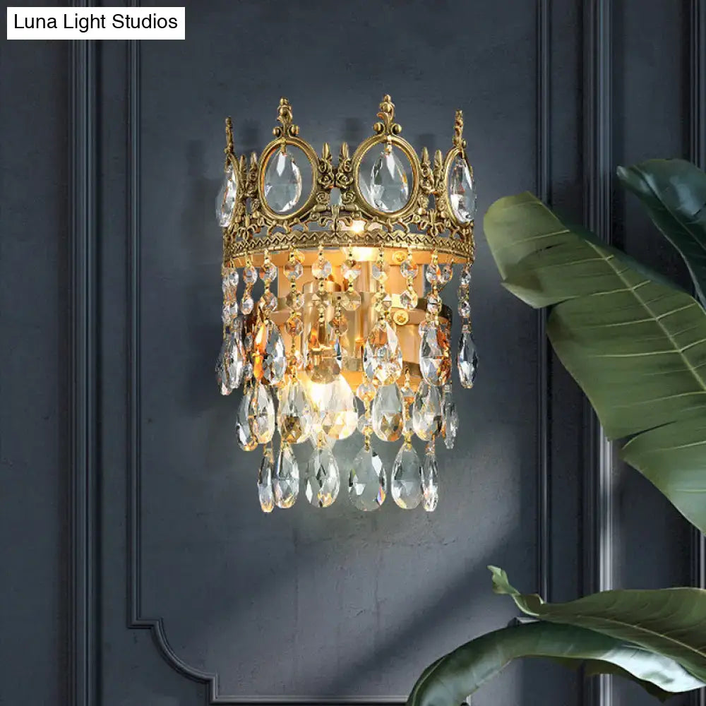 Crown aged brass clear crystal prisms wall mounted lighting bedroom