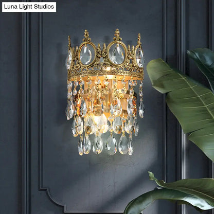 Crown aged brass clear crystal prisms wall mounted lighting bedroom
