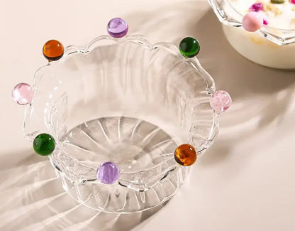 Crown clear glass fruit bowl with colorful beads dining room dish