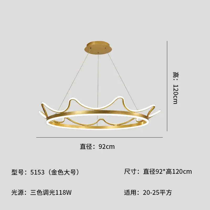 Crown design gold chandelier with white spheres for living room
