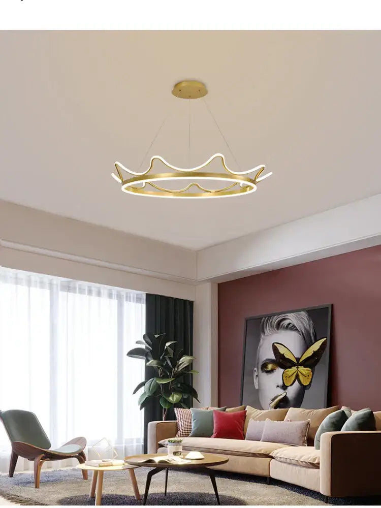 Crown design gold chandelier with white spheres for living room