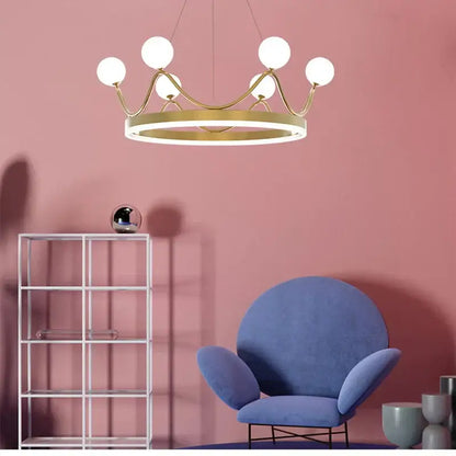 Crown design gold chandelier with white spheres for living room