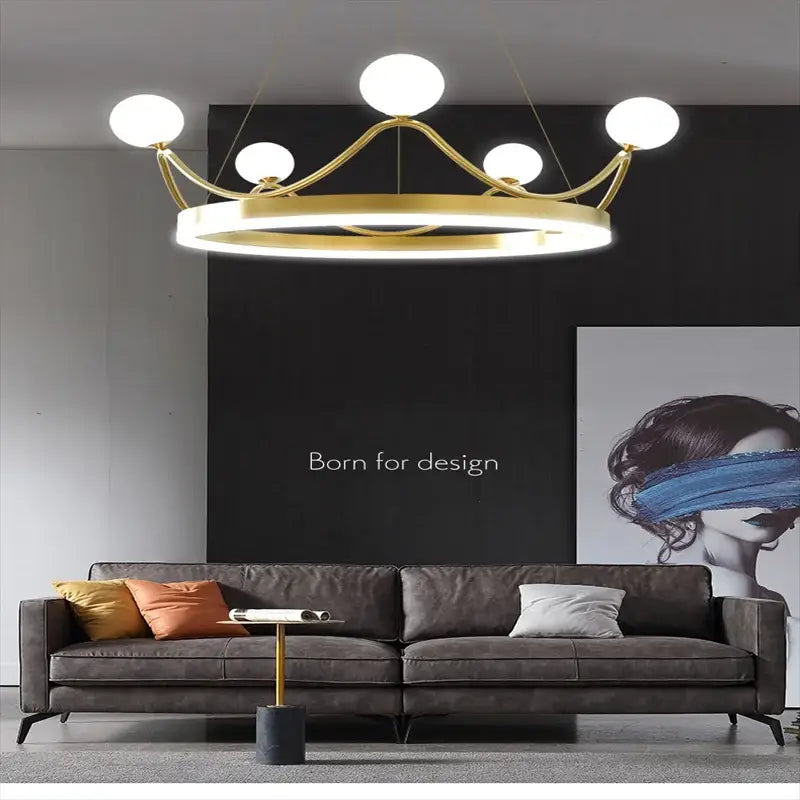Crown design gold chandelier with white spheres for living room